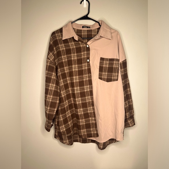 SHEIN Shirt Women’s 1X Brown Long Sleeve Button Down Patch Work - Picture 1 of 7